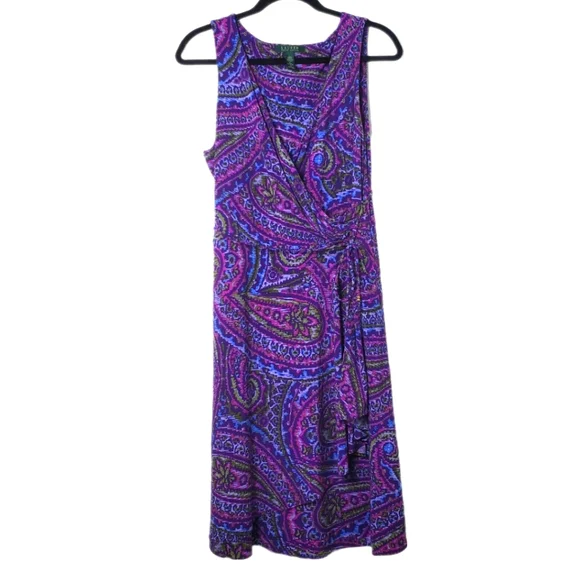 Lauren Ralph Lauren | Dresses | Lauren Ralph Lauren Purple Paisley  Sleeveless Stretch Jersey Belted Wrap Dress | Poshmark
